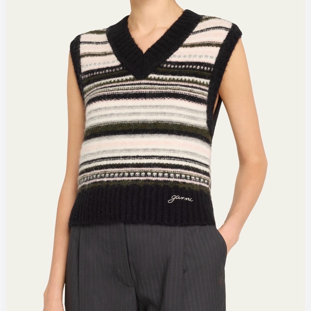 Ganni Black & White Soft Wool Striped Sweater Vest